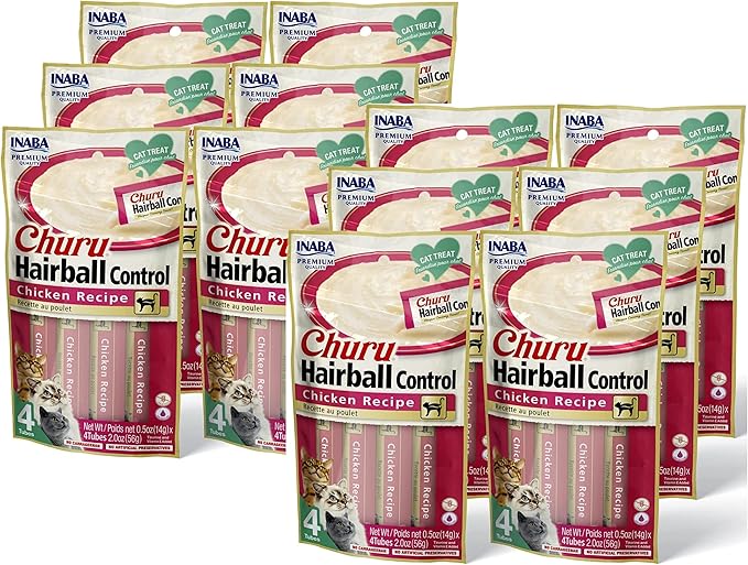 INABA Churu for Cats, Functional, Creamy Lickable Purée Cat Treat for Hairball Control with Taurine & Vitamin E, 0.5 Ounces Each, 48 Tubes (4 per Pack), Chicken Recipe