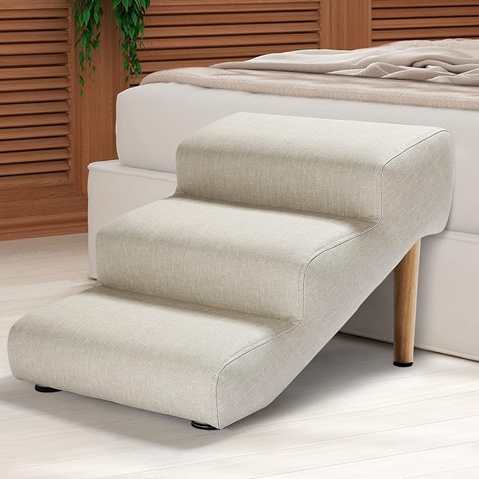 Senneny Imitation Linen Faux Leather Dog Stairs, for Pets up to 150 lbs, Waterproof, Scratch Resistant Pet Steps/Stairs with High Density Foam and Detachable Wooden Legs, Light Beige Linen, 3 Step
