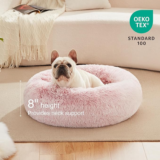 Love's cabin Calming Cat Bed for Indoor Cats,Anti-Anxiety Donut Round Dog Bed,Fluffy Faux Fur Washable Pet Bed for Small Medium Dogs and Cats,Pink,24in