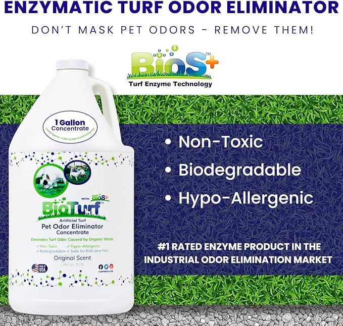 BioS+ Odor Eliminator Concentrate – Artificial Turf Cleaner for Pet Urine Outdoor & Yard Deodorizer for Dog Urine and Waste – Enzyme Formula, Safe for Pets, Kids & Plants – 1 Gallon