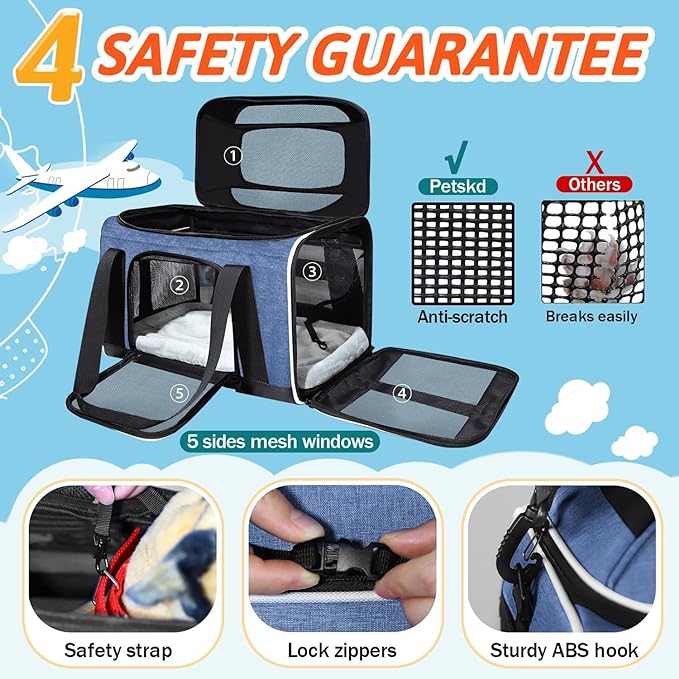 Petskd Top-Expandable Pet Carrier 17x11x9.5 Inches Alaska Airline Approved, Soft-Sided Carrier for Small Cats and Dogs with Locking Safety Zippers and Anti-Scratch Mesh(Blue)
