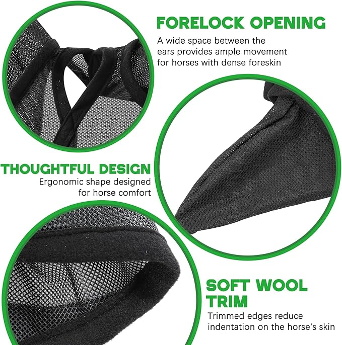 2 Pcs Horse Fly Mask with Ears Adjustable UV Protection Horse Fly Mask Accessories Large Eye Space with Ears for Horses Summer, Black and Gray, L