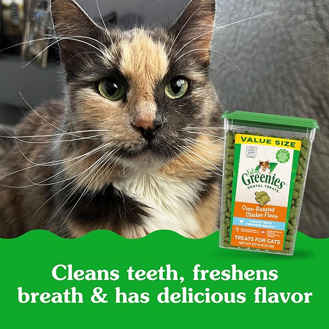 Greenies Feline Adult Dental Cat Treats, Oven Roasted Chicken Flavor, 9.75 oz. Tub
