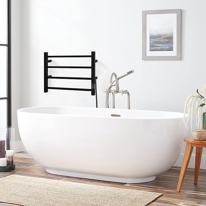 KEG Towel Warmer 4 Bars for Bathroom Wall Mounted Bath Towel Heater Hardwired and Plug-in with Built-in Timer Matte Black