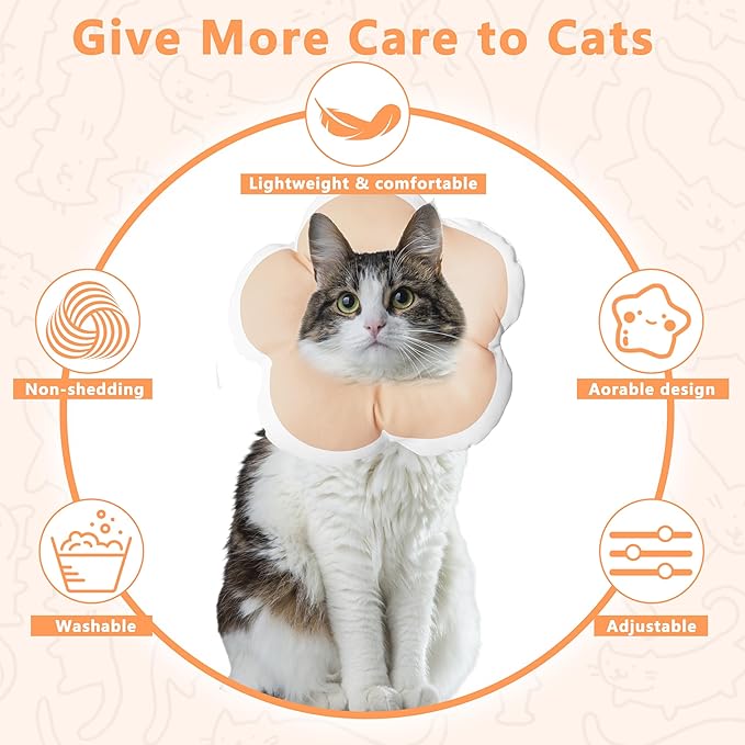Cat Cone Collar Soft, Waterproof Cats Cones to Stop Licking After Surgery, Adjustable Soft Elizabeth Cats Collars for Wound Healing, Flower Shape Cat Recovery Collar (Pastel Orange, Large)