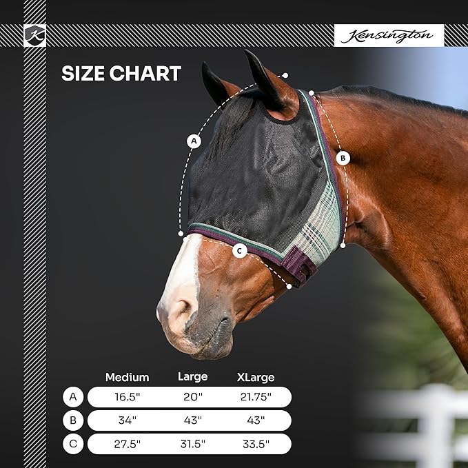 Kensington 90% UV Fly Mask Halter CatchMask UViator - Without Ears & Forelock Freedom Web Trim *Roomy Fit*- X-Large, Lavender Mint