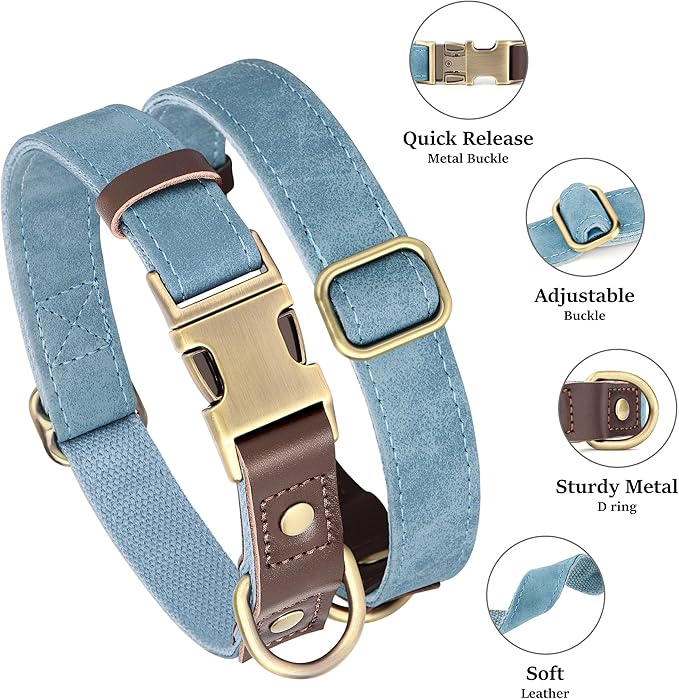 Didog Soft PU Leather Dog Collars for Small Dogs,Classic Adjustable Dog Collars with Quick Release Metal Buckle,Easy Clean and Comfortable with Nylon Lining,Denim Blue,S Neck 10-15"