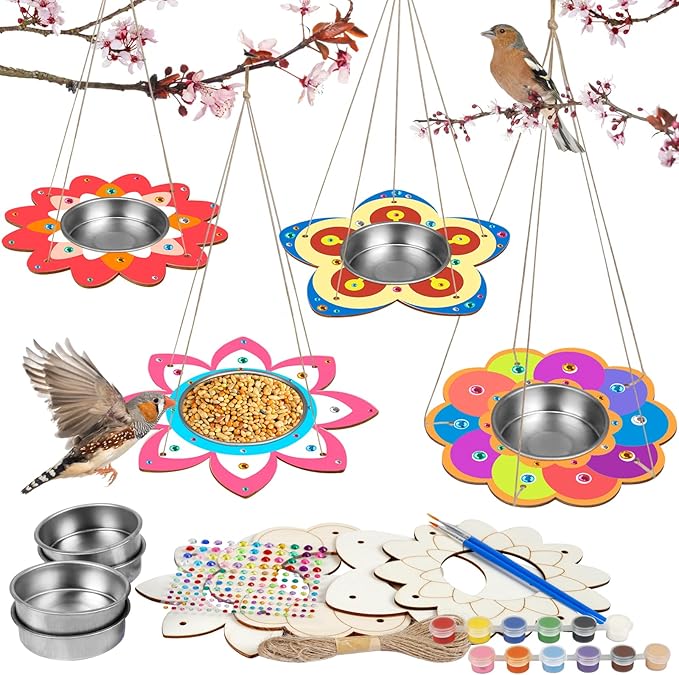 Fennoral 4 Pack Bird Feeder Kits for Kids Make Your Own Bird Feeders Wooden Art and Craft for Girls Boys Ornaments DIY to Paint Bird Feeders Craft for Spring Garden Outdoor Summer Activities Project