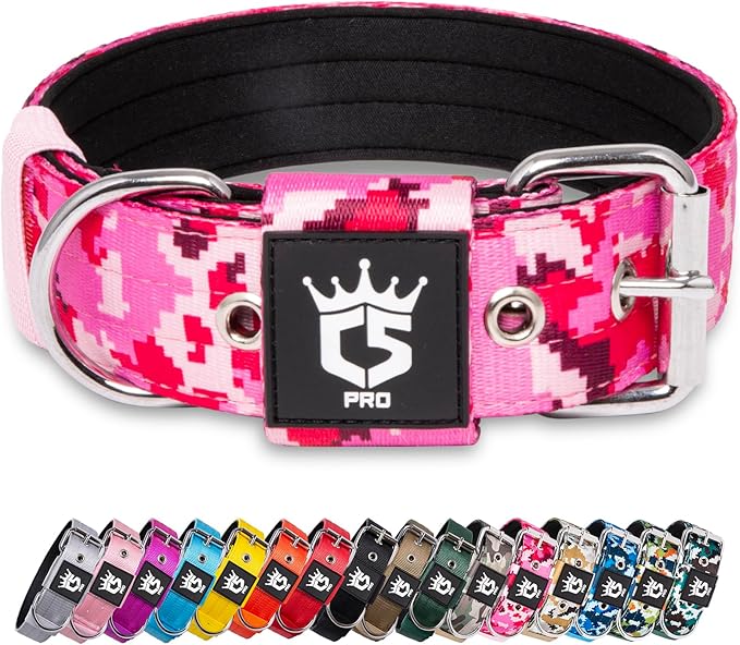 TSPRO Tactical Dog Collar 1.5 Inch Wide Thick Dog Collars with Heavy Duty Metal Buckle, Durable, Strong, Adjustable for Medium to Large Dogs (Camo Pink M)