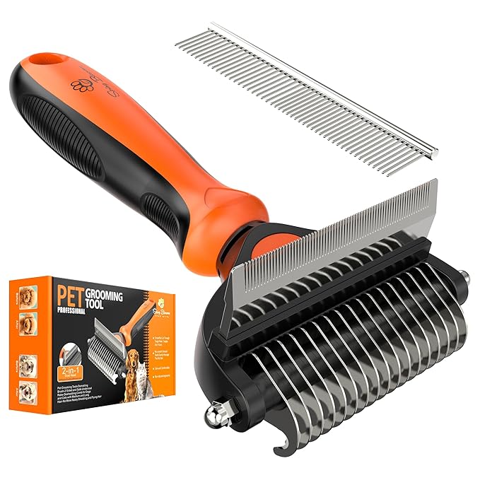 Spring Blossoms-2 in 1 Professional Grooming Rake for Cats & Dogs-Dematting Comb for Easy Mats & Tangles Removing,Pet Brush Safe No More Nasty Shedding and Flying Hair (Orange)