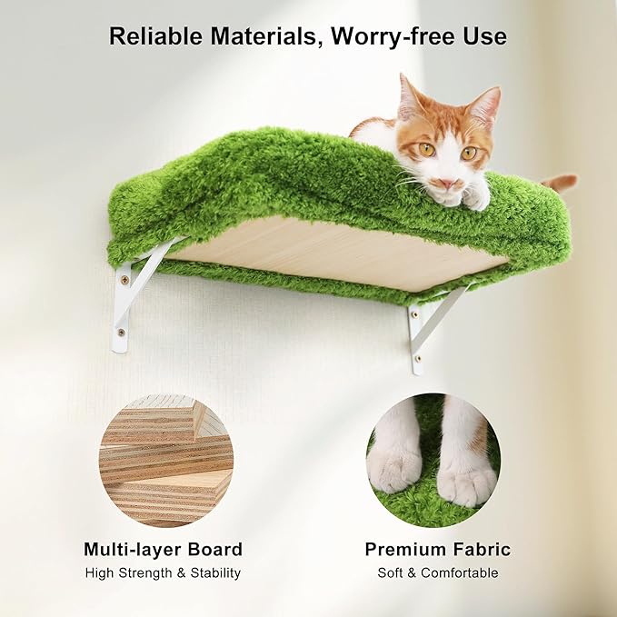 FUKUMARU Cat Wall Shelves, Stable & Safe 4 in 1 Cat Furniture Set, Wooden Climbing Wall with Scratching Post, Bridge and Bed, Stylish Jungle Gym for 16 Inch Drywall - Green