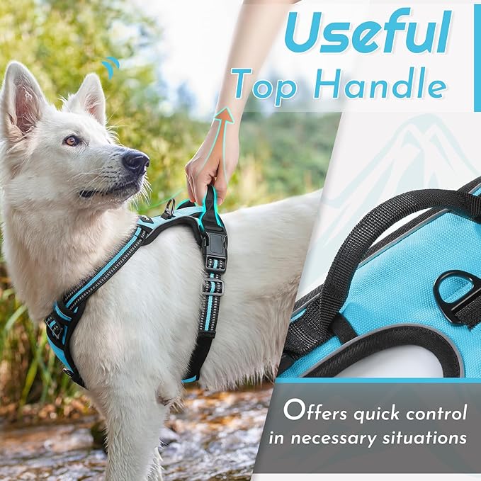 Eagloo Dog Harness for Large Dogs, No Pull Service Vest with Reflective Strips and Control Handle, Adjustable and Comfortable for Easy Walking, No Choke Pet Harness with 2 Metal Rings, Sky Blue, L