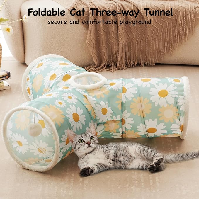 Tempcore Pet Cat Tunnel Tube Cat Toys 3 Way Collapsible, Cat Tunnels for Indoor Cats，Kitty Tunnel Bored Pet Toys Peek Hole Toy Ball Puppy, Kitty, Kitten, Rabbit Daisy Green Printed