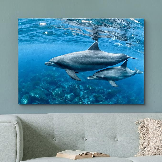 wall26 Canvas Print Wall Art Tropical Ocean Sea Underwater Dolphin Duo Nature Animals Photography Realism Rustic Scenic Landscape Wilderness Earth Colorful for Living Room, Bedroom, Office - 16"x24"