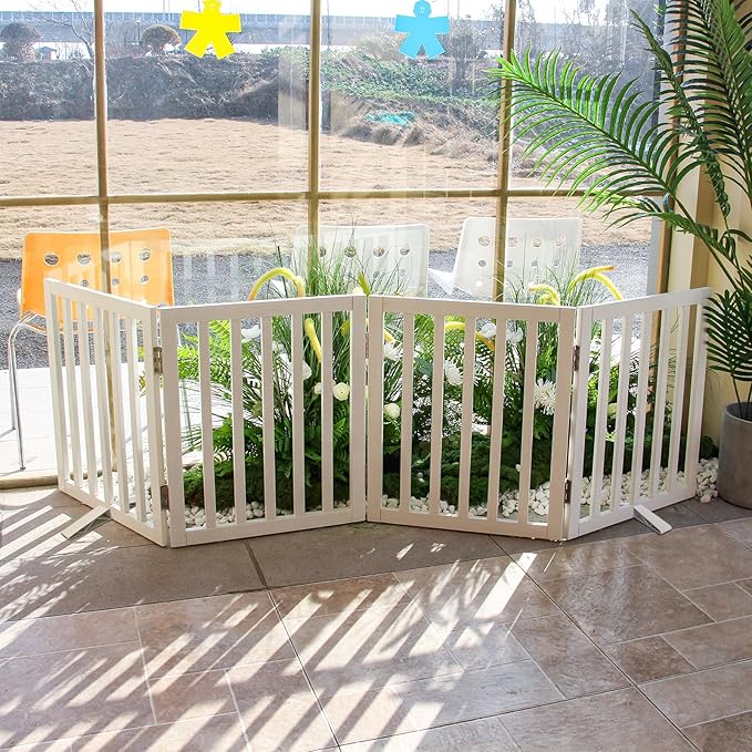 ZJSF Freestanding Indoor Dog Gate for House Foldable Wood White Puppy Gate for Doorways Pet Gate for Stairs Extra Wide Pet Fence 24" Height 4 Panels