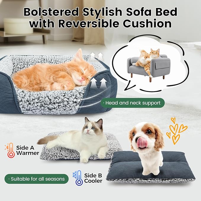 Miguel Washable Dog Bed for Medium Small Dogs, Calming Cuddle Cat Sofa Bed with High Sides, Rectangle Cat Beds for Indoor Cats Dog Bed with Anti-Slip Bottom, Blue 25 Inch