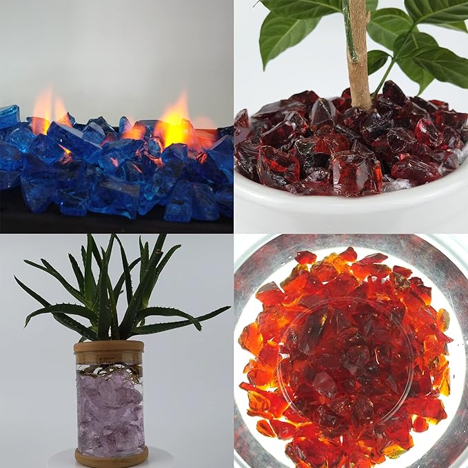 TWINKLING High Luster Fire Glass Gravel Stone,Broken Glass,Fire Pit Glass,Crushed Glass for Fireplace Pit Aquarium Garden Decoration,1-3cm,2-Pound Jar (Ocean Blue)