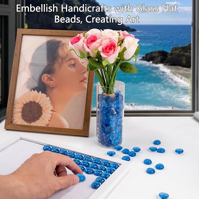 Pale Blue Glass Marbles, 0.97LB Transparent Flat Glass Beads for Vases, Light Blue Mosaic Gem Pebbles for Aquarium Decor, Floral Arrangements, Mancala Stones, Vase Filler and Crafts, Approx. 80-100PCS