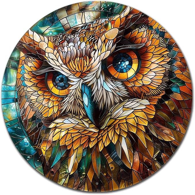 Lygond Metal Sign Tin Sign Circular Stained Glass Owl Metal Garden Sign for Club 12×12 Inches