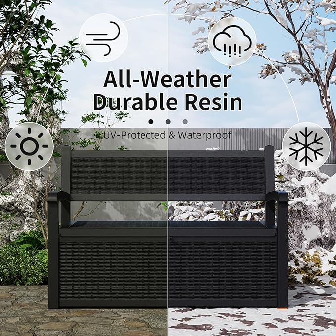 80 Gallon Storage Bench Waterproof and Lockable,Deck Box Outdoor Storage Furniture for Patio,Garden,and Porch – Perfect for Storing Garden Tools and Cushions(Black)