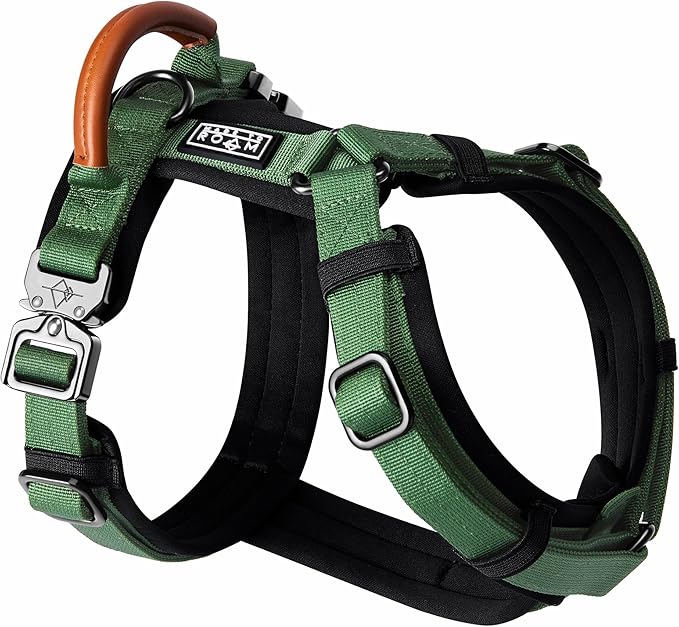 MADE TO ROAM Premium Explorer Harness - Y-Shaped Dog Harness with Adjustable Durable Nylon, Soft Padding, Metal Buckles and Leather Handle for Small, Medium, Large Dogs (Oregon Haze, Size 7)