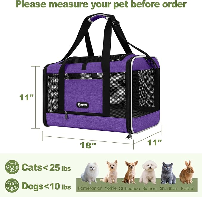 Per Carrier for Cat 18x11x11 Inch FAA Complaint, Kitten Taxi Top Load Soft Cloth Bag, Small Animal Portable in Cabin Crate Shih Tzu Dog Kennel Carry Case, 4-Sided-Ventilated Kitty Purse Purple