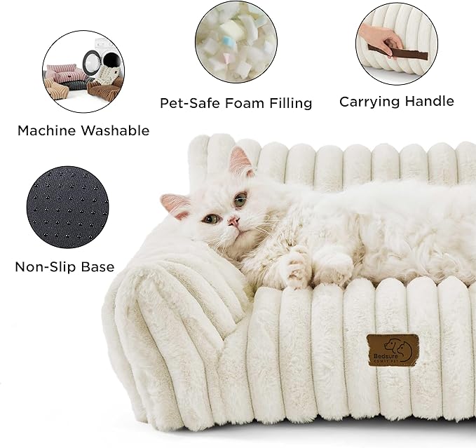 Bedsure Cute Cat Couch for Pets - Fluffy Small Dog Sofa with Premium Soft Corduroy Fleece, Pet Sofa with Removable Washable Cover, Supportive Dog Couch Bed for Small Medium Dogs, 30inch, Cream