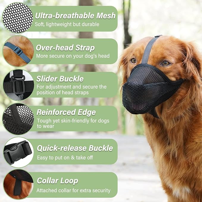 Mayerzon Dog Muzzle, Patented Soft Mesh Muzzle for Small Medium Large Dogs for Scavenging Biting Licking and Chewing, Allows to Pant and Drink (L, Black)