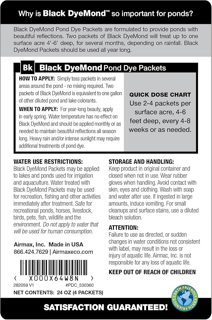 Airmax Black DyeMond Pond Dye Packets Natural Water Colorant for Ponds, Beneficial UV Blocking Color Concentrate, Maintain Clean & Clear Water, Fish, Bird & Animal Safe, 16 Packet