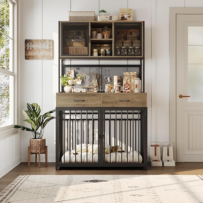 HITHOS 71" Tall Dog Crate Furniture, Indoor Dog Kennel with Hutch, 42" W Dog Cage for Large/Medium Dogs, Wood Dog Crates with 2 Storage Drawers, Heavy Duty Pet House, Rustic Brown