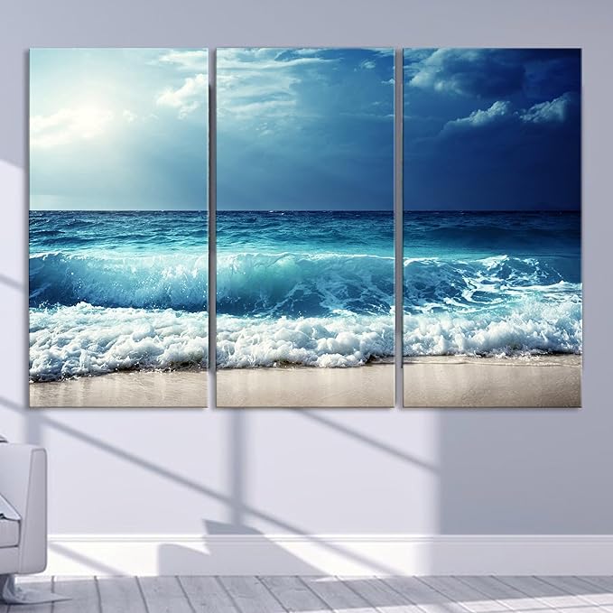 Nature Wall Art Prints - Ocean Forest Mountain Lake Canvas Landscapes - Small to Extra Large Living Room Bedroom Kitchen Bathroom Décor (Summer Ocean Beach, 55L" x 83W"- 3 Panels)