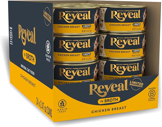 Reveal Natural Wet Cat Food in Broth, Limited Ingredient Grain Free Canned Cat Food, Protein with No Artificial Additives, Chicken Breast in Broth (24 x 2.47 oz Cans)
