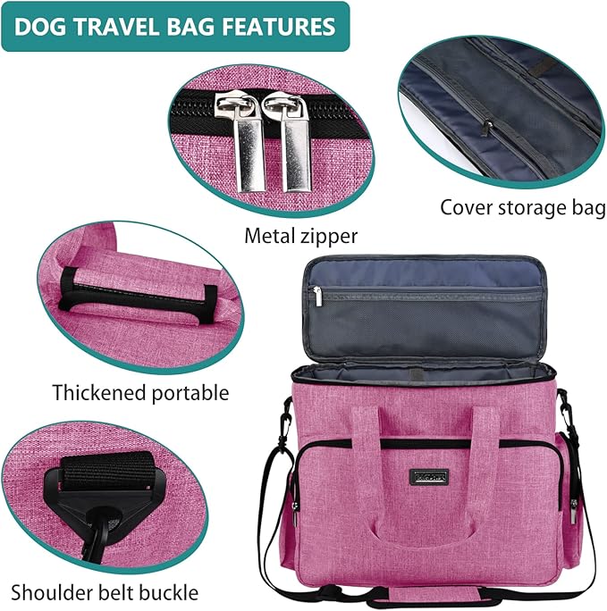BAGLHER Dog Travel Bag, Pet Travel Bag (ALL Pet Travel Supplies), With 2 Pet Food Containers and 2 Collapsible Silicone Bowls; Essential Kits for Pet Travel Pink