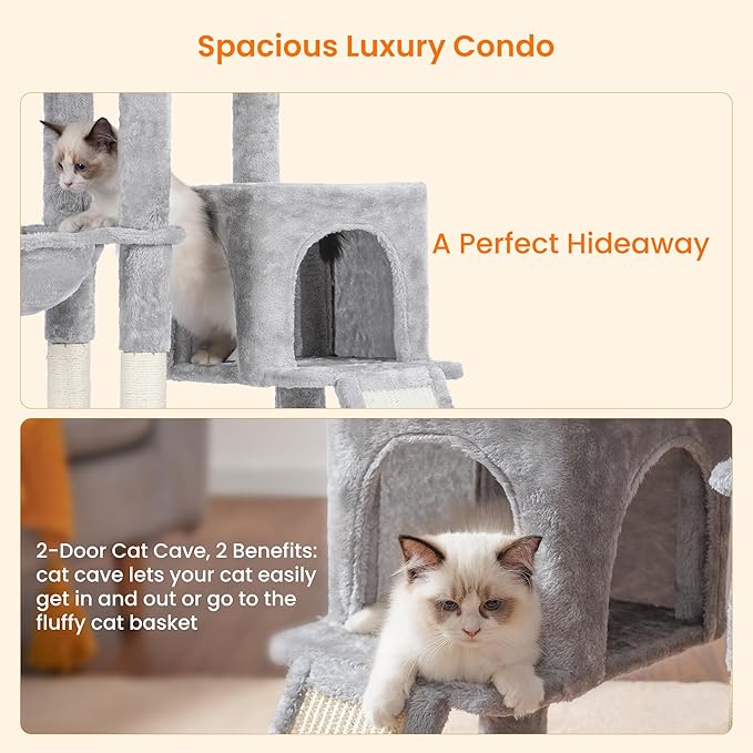 Heybly Cat Tree with Cat Self Groomer Brush, Cat Tower Condo for Indoor Cats with Padded Plush Perch, Cat House with Basket Scratching Board Post, Light Gray HCT005SW