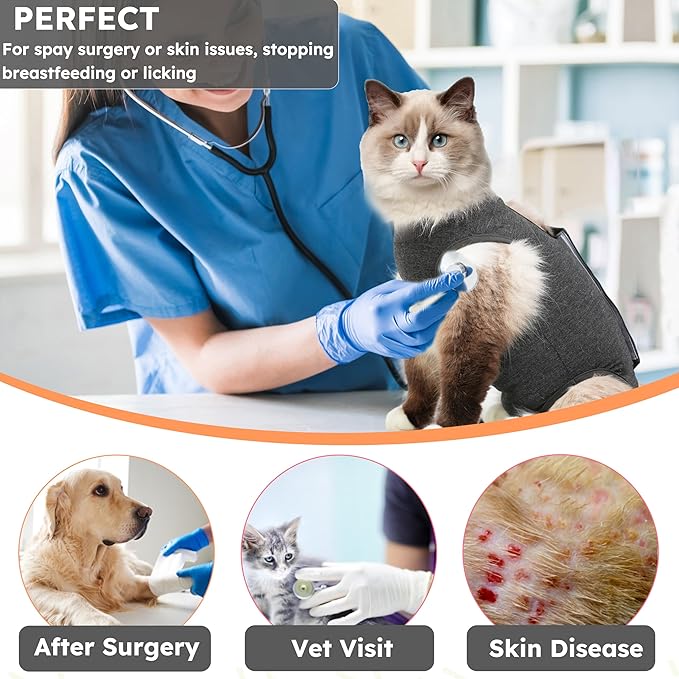 Cat Recovery Suit After Surgery, Breathable Cat Surgery Recovery Suit for Spay Abdominal Wounds or Skin Diseases, E-Collar Alternative Wear for Small Male Female Pets (Dark Grey, L)