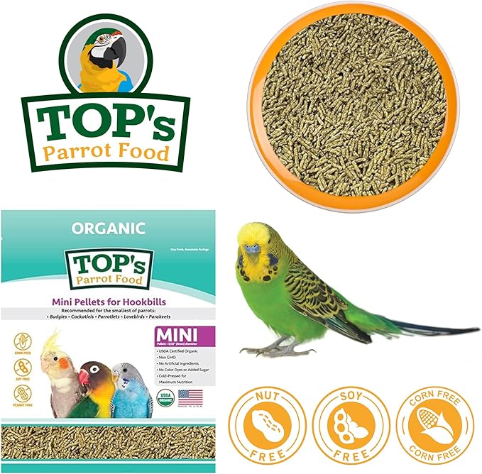 TOP's Parrot Food Mini Pellets Bird Food for Budgies, Cockatiels, Parrotlets, Lovebirds, Parakeets - Non-GMO, Peanut Soy & Corn Free, USDA Organic Certified - 1 lb