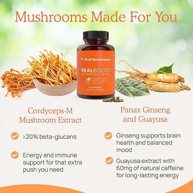 Real Mushrooms RealBoost Capsules – Cordyceps Mushroom, Panax Ginseng & Guayusa Extract – for Overall Wellness & Energy Support – Vegan, Non-GMO, No Fillers – 60 Count Mushroom Supplement Blend