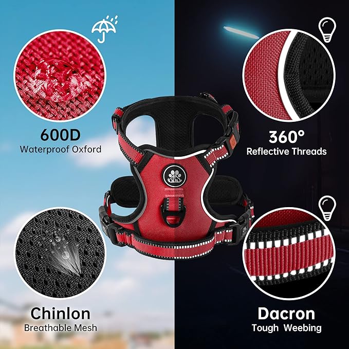 NESTROAD No Pull Dog Harness,Adjustable Oxford Dog Vest Harness with Leash,Reflective No-Choke Pet Harness with Easy Control Soft Handle for Small Medium Dogs(Medium,Red)