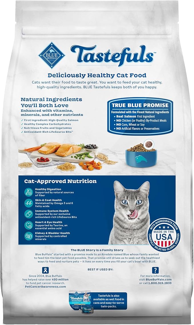Blue Buffalo Tastefuls Natural Dry Food for Adult Indoor Cats, Salmon & Brown Rice Recipe, 3-lb. Bag