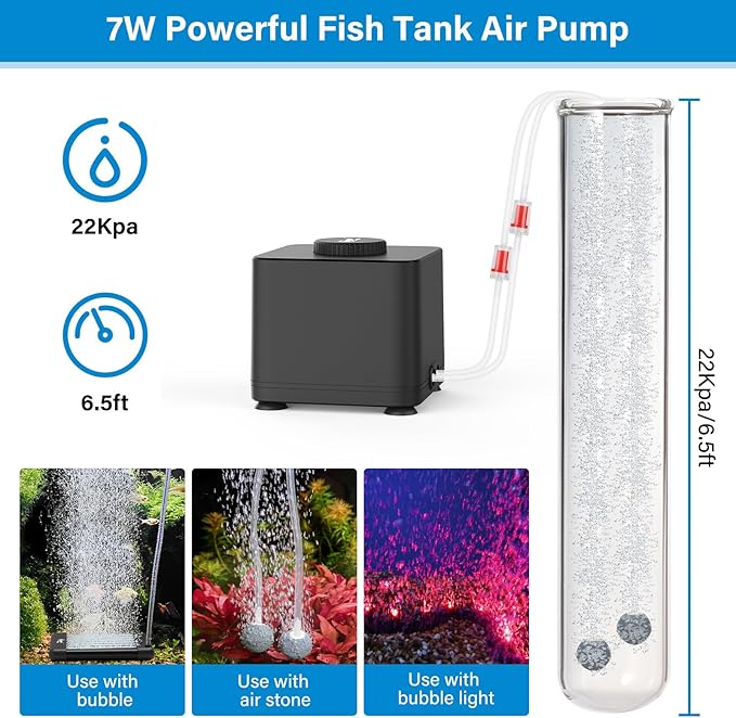 hygger Aquarium Air Pump, Quiet Adjustable Fish Tank Air Pump, 4W/7W/11W Powerful Oxygen Aerator Dual Stainless Steel Outlets with Air Stone Bubbler for Small Medium Large Fish Tank, Hydroponic