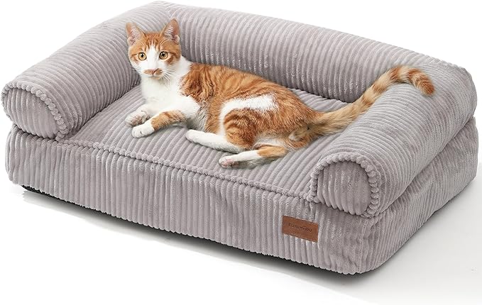 FUKUMARU Dog Couch Bed, Corduroy Cozy Cat Bed for Indoor Cats with Washable Cover, Supportive Waterproof Dog Beds Sofa for Small Dogs and Large Cats Cute, 28inch, Medium, Light Grey