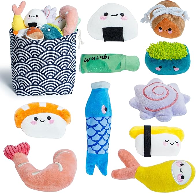 Nocciola 10 PCS Sushi Small Dog Toys to Keep Them Busy, Cute Stuffed Puppy Toys with Bag, Plush Dog Squeaky Toy for Small to Medium Dog, Doggie Birthday Gifts