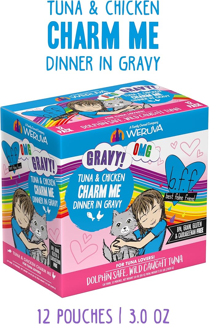 Weruva B.F.F. OMG - Best Feline Friend Oh My Gravy! Tuna & Chicken Charm Me with Tuna & Chicken in Gravy Cat Food, 3oz Pouch (Pack of 12)