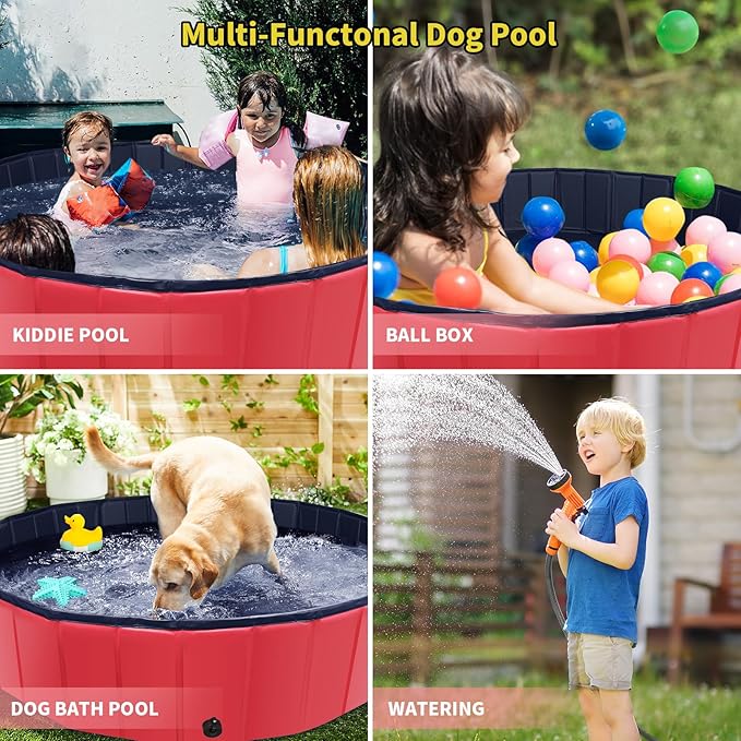 Foldable Dog Pool, 47" x 12" Kiddie Pool with Hard Plastic, Non-Slip Dog Bath Tub for Outdoor Backyard, Collapsible Dog Swimming Pool for Kids Dogs Pets (Red)