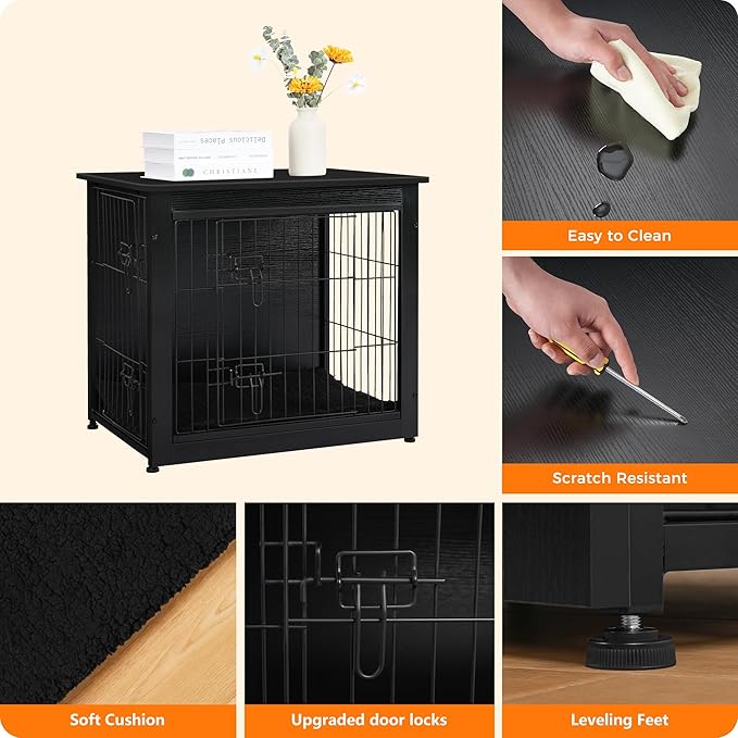 DWANTON Dog Crate Furniture with Cushion, Wooden Kennel Table with Double Doors, Indoor Dog House, Small/Medium/Large Size, 27.2" L, Black