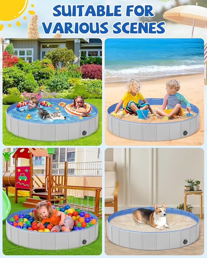 Portable Dog Pool PVC Pet Swimming Pool Bathtub Collapsible Dog Pool, Hard Plastic Pool for Pets to Swim and Bath (M-40"x 12" Light Grey)