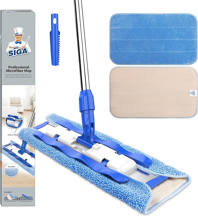 MR.SIGA Professional Microfiber Mop for Hardwood, Laminate, Tile Floor Cleaning, Stainless Steel Telescopic Handle - 3 Reusable Flat Mop Refills and 1 Dirt Removal Scrubber Included