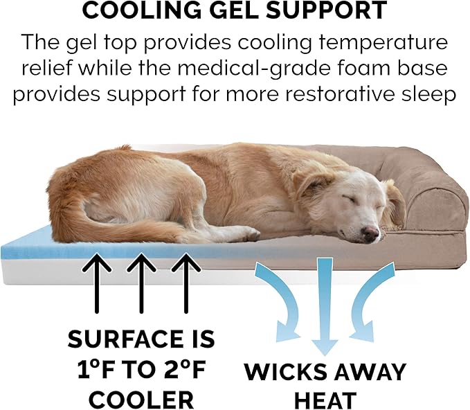 Furhaven Cooling Gel Dog Bed for Large Dogs w/ Removable Bolsters & Washable Cover, For Dogs Up to 125 lbs - Plush & Suede Sofa - Almondine, Jumbo Plus/XXL