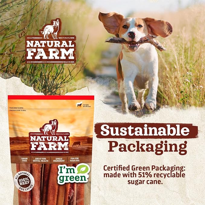 Natural Farm Collagen Dog Chews (12 Inch, 5 Pack), Odor-Free Long Lasting Bully Sticks & Rawhide Alternative Dog Treats, 95% Collagen Low Fat, High Protein – Medium & Large Dogs