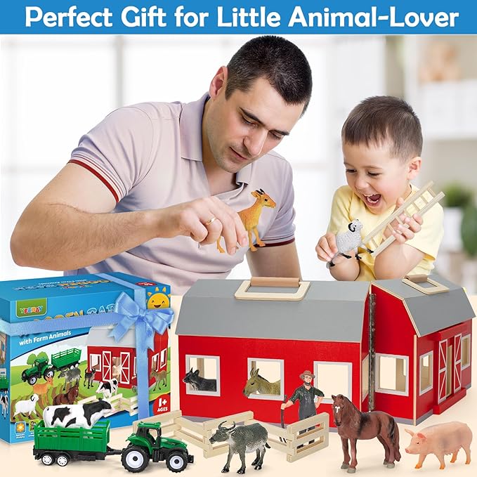 YEEBAY Farm Animals Toys for 3+ Year Old Kids Toddlers Girls Boys, Large Wooden Barn with Animal Play Figures, Farm Playset Educational Learning Toys, Ideal Christmas Birthday Gifts